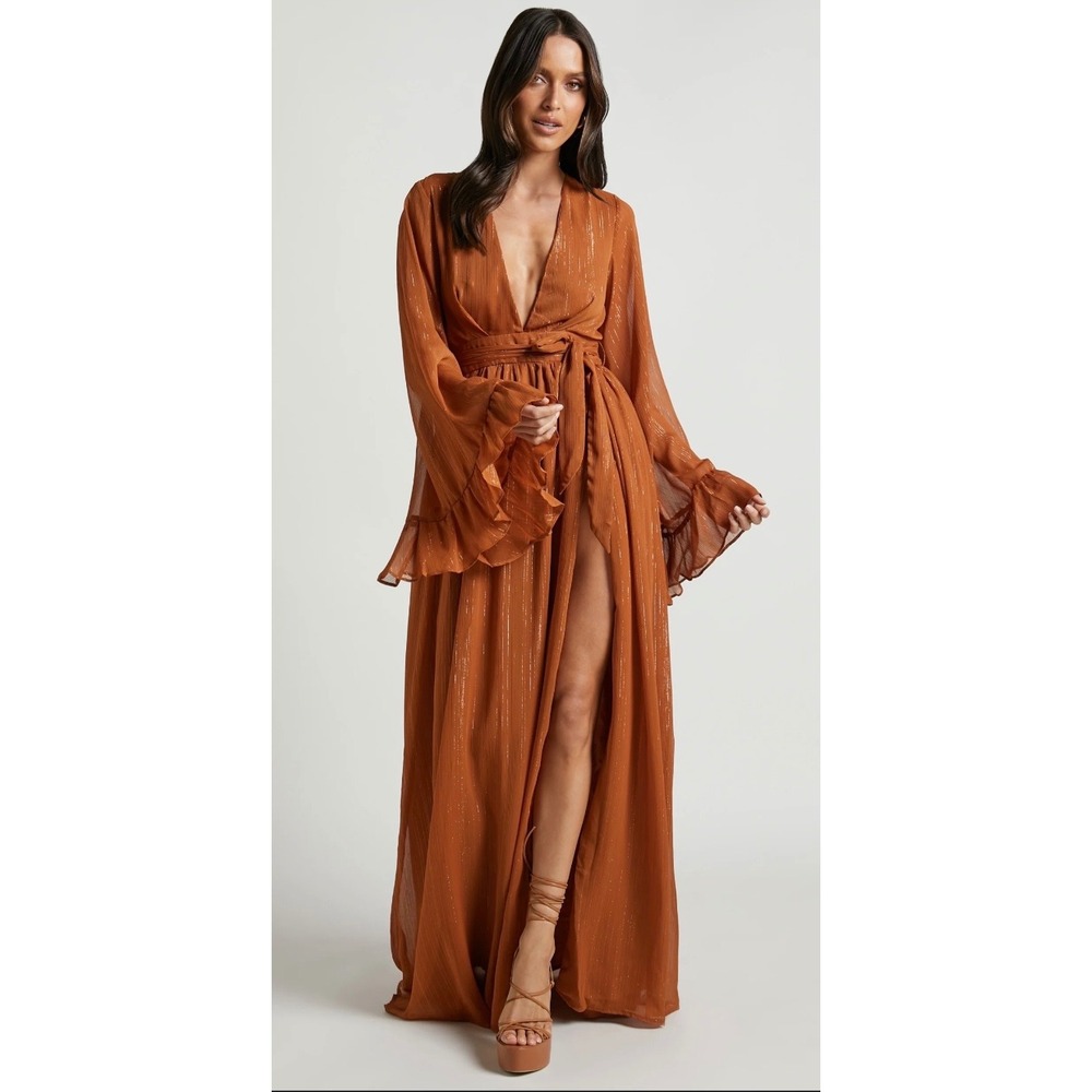 Showpo Rust Orange Maxi Dress with Deep V & Wrap Waist